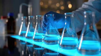 Scientist wearing gloves carefully handling a flask during laboratory research experiment with safety measures.