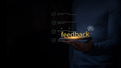 High-quality customer feedback concept with a person holding a smartphone and glowing digital icons, Ideal for service evaluation, business survey online, and user experience satisfaction.