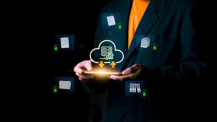 Business person using a smartphone for secure cloud data storage and file transfer. Features digital icons of protected documents server management, and encrypted network security technology.