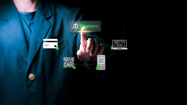 Businessman touching a virtual payment button on a futuristic interface, featuring secured credit card, QR code and mobile banking icons. Perfect for digital finance and cybersecurity concepts. - Powered by Adobe