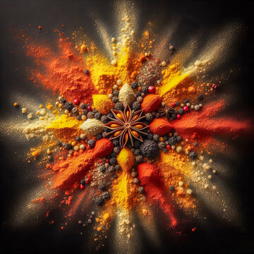 Symmetrical Explosion of Colorful Spices and Star Anise