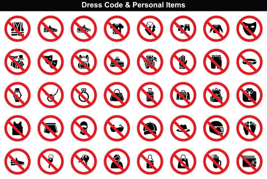 Assorted warning icons outlining dress code requirements, such as no specific footwear, headwear, or luggage