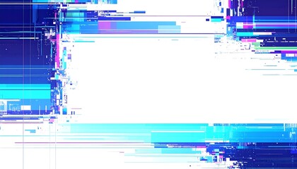 Digital art, glitch effect creating a frame, blue & cyan hues. White center. Pixelated details
