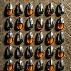 Fototapeta premium Gourmet Black Capsules with Liquid Gold and Silver Details