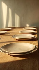 Obraz premium Plates on a wooden table with sunlight and shadows.
