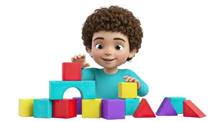 3D Render of a Happy Boy Playing with Colorful Building Blocks