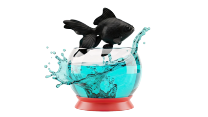 Black goldfish jumping out of a bowl with splashing water