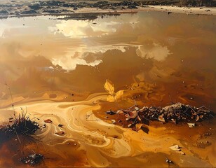 An autumnal scene displays a calm water surface, reflecting golden clouds. A few dried leaves and twigs float