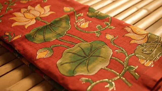 Red fabric with floral pattern lies on a bamboo mat viewed from above