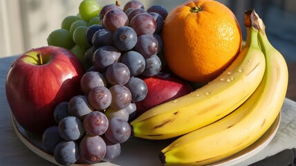 Fresh fruit platter with apples, grapes, bananas, and orange