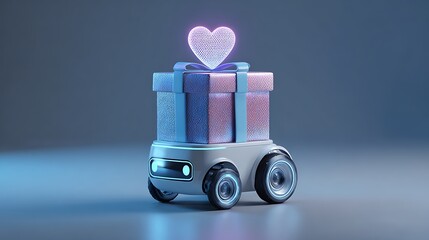 Cute robot delivering gift with heart on top