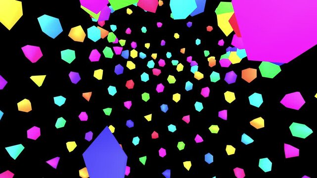 Seamless loop of a procedural phyllotaxis cylinder with rainbow octahedrons rising in a spiral. Oscillating radius, geometric structure for tech backgrounds and abstract data visualization.