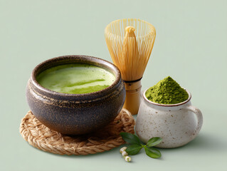 Matcha tea preparation flat lay of Matcha Tea Ingredients and Tools