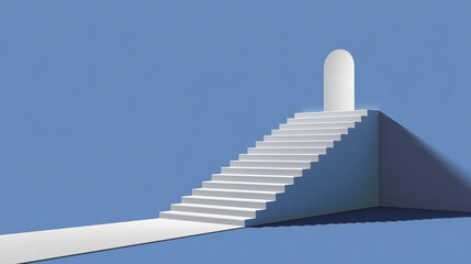 Minimalist white staircase leading to a bright doorway against blue background