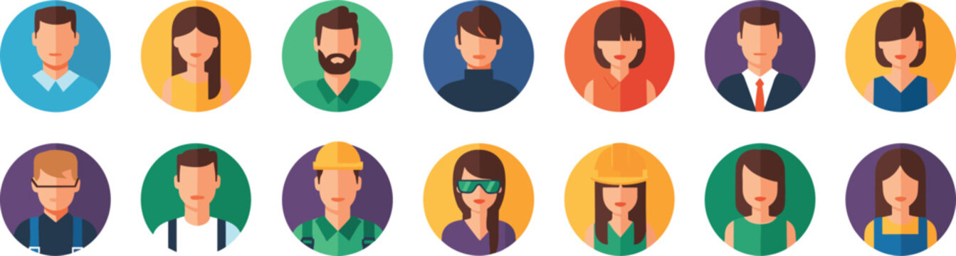 Flat vector illustration set of male and female avatar icons with different professions for user profile and social media design