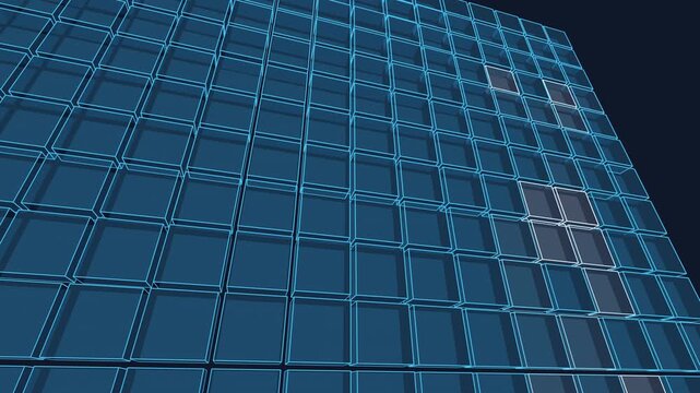 Procedural geometric grid system rhythmically splits and merges in a seamless loop. Abstract blue computed structure visualizing server load optimization, cloud architecture.