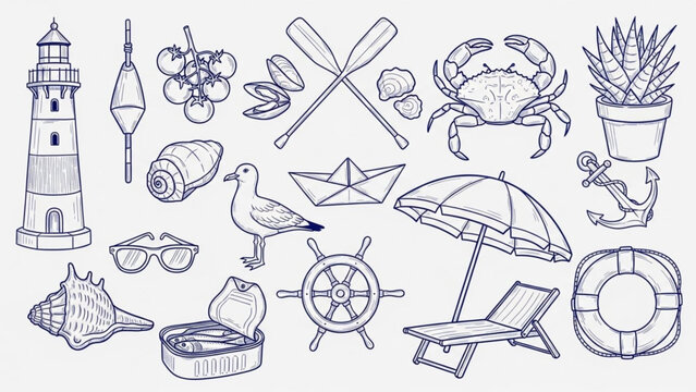 Nautical and Beach Themed Objects Collection of Illustrations for Summer Vibes and Coastal Decor Inspiration