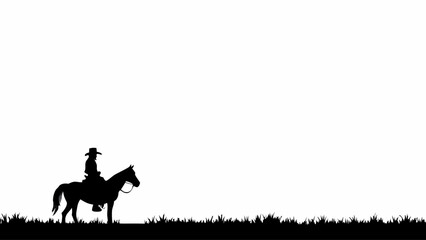 Cowboy riding horse in silhouette against white background