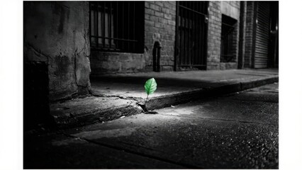 Motivation and Success: Fragile Leaf Surviving in Urban Concrete Landscape with concrete, cracked, cloud, business, fragrance, background, glow