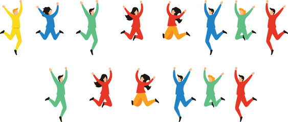 Happy people jumping in celebration pose flat cartoon vector character set for success, achievement and teamwork concepts