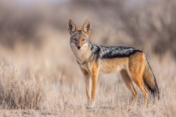 Obraz premium Alert black-backed jackal standing in dry savanna grassland, a solitary wildlife portrait