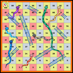 classic colorful snakes and ladders board game with numbered squares © MadeDirgaPepe