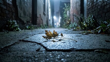 Motivation and Success: Fragile Leaf Surviving in Urban Concrete Landscape with cloud, concrete, cracked, business, glow, fragrance, background