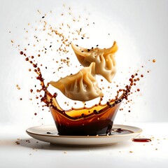 Dumplings levitate above a splash of soy sauce on a white background, sesame seeds fly