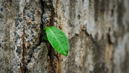 Motivation and Success: Fragile Leaf Surviving in Urban Concrete Landscape with concrete, fragrance, glow, cracked, business, background, cloud