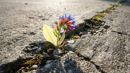 Motivation and Success: Fragile Leaf Surviving in Urban Concrete Landscape with background, cloud, fragrance, concrete, cracked, business, glow
