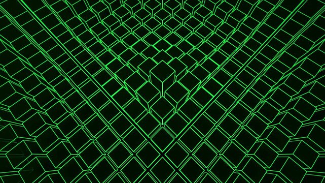 Procedural grid of breathing data columns with random glitch dropouts. Dark green geometric server blocks moving in sine wave rhythm. Seamless loop 4K technology background.