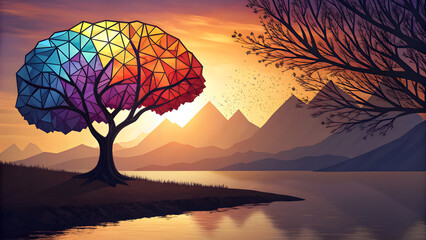 Abstract Brain Tree with Vibrant Colors at Sunset Mountains Landscape