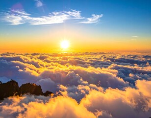 Aerial view of a radiant sunrise over a sea of fluffy clouds (1)