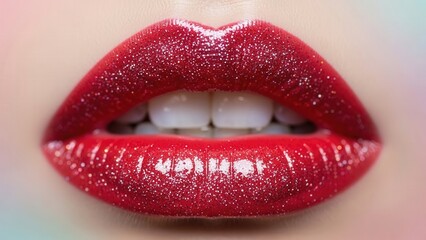 Obraz premium A close-up of shimmering red lips adorned with glittery lipstick that captivates attention with their glossy and vibrant finish