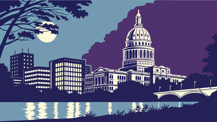 Austin skyline and texas capitol featured in an architectural portrait, ideal for showcasing austins iconic landmarks in promotional materials.