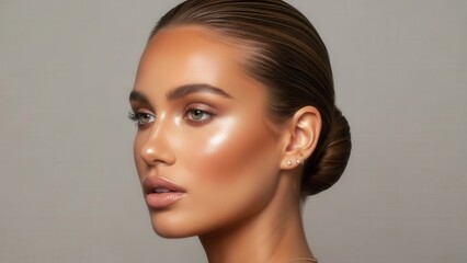 Naklejka premium A stunning portrait of a young woman with glowing skin and elegantly styled hair showcasing modern beauty and sophistication