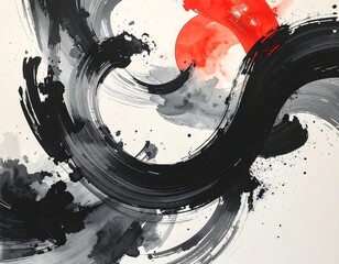 Dynamic abstract art features bold, swirling black brushstrokes with red and gray accents on white