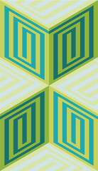 Abstract Op Art Geometric Pattern with 3D Cube Illusion in Teal and Green Retro Colors, Seamless Repeating Background