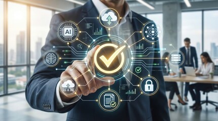 Business technology innovation concept with icons of artificial intelligence,cloud computing,data analysis,cybersecurity,validation and digital transformation