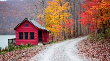 Red cabin by the lake surrounded by autumn leaves in the forest