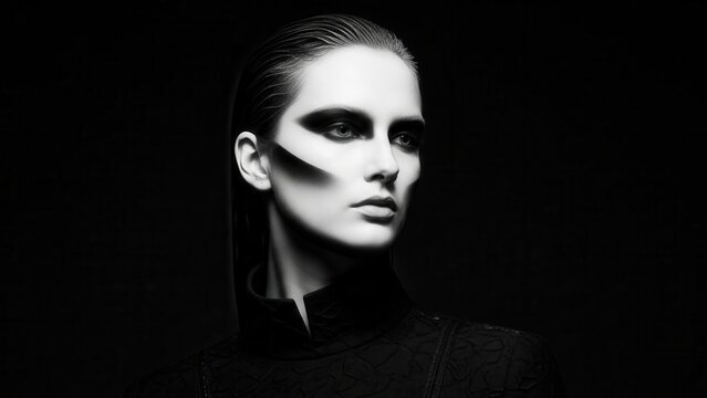A striking portrait of a model with dramatic makeup and sleek hair against a dark backdrop showcasing modern fashion aesthetics