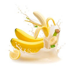 Dynamic image of bananas partially submerged in a splash of creamy liquid, showcasing freshness