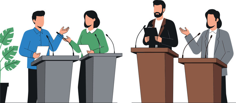 Business people debating at podium microphones, political discussion or public speech concept, professional flat character vector illustration