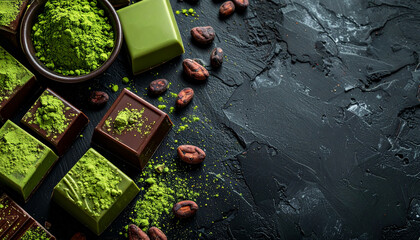 黒背景の抹茶チョコレートとカカオ豆のフレーム　抹茶パウダーがかかった高級スイーツイメージ