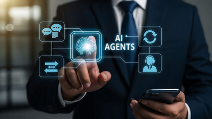 Businessman Interacting with AI Agents Virtual Interface on Smartphone
