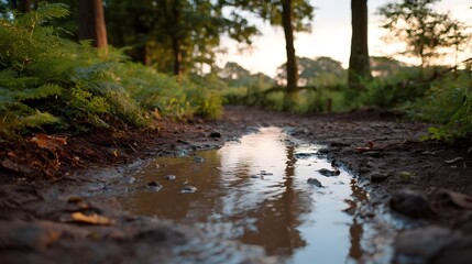 Obraz premium A low angle view of a muddy forest path with a puddle reflecting soft twilight bordered by lush ferns