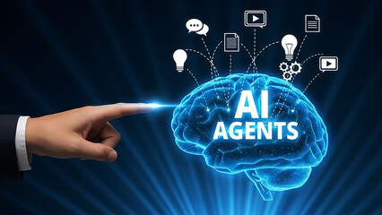AI Agents Concept With Glowing Digital Human Brain And Hand Pointing