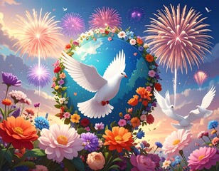 Earth embraced by flowers, doves, and fireworks under a vibrant sky
