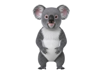 Adorable gray koala standing upright with hands on hips isolated on white background with cute