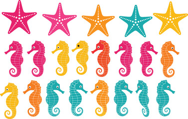 Colorful seahorse and starfish icon set, cute marine animals collection for ocean, beach and summer design flat vector